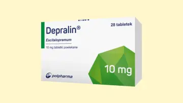 Opakowanie leku Depralin 10 mg, zawierające 28 tabletek powlekanych z escitalopramum.