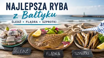 Trzy rodzaje ryb bałtyckich: śledź, flądra i szprotki, na tle plaży.