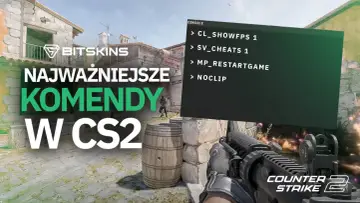 Konsola CS2 z komendami: sv_cheats 1, noclip. Tytuł "Najważniejsze komendy w CS2".