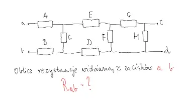 Schemat obwodu elektrycznego z rezystorami A, B, C, D, E, F, G, H. Zadanie: obliczanie rezystancji widzianej z zacisków a i b. Rab = ?