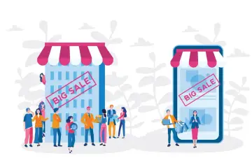 Un negozio fisico e uno virtuale, entrambi con "BIG SALE". Il **click and mortar** unisce il meglio dei due mondi.