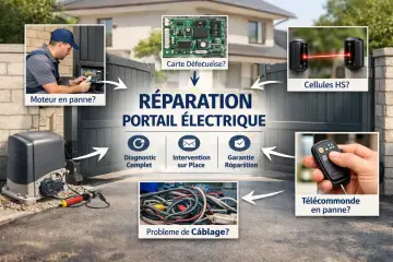 Réparation portail électrique : diagnostic, intervention sur place, garantie. Causes possibles : moteur, carte, cellules, câblage, télécommande.