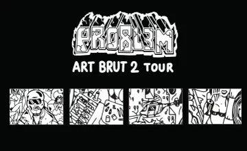 Problem Art Brut 2 Tour. Cztery czarno-białe grafiki w stylu art brut: mężczyzna w okularach i cygarem, grill, helikopter i twarz.