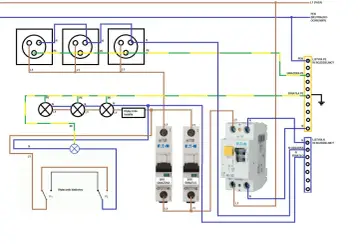 Schemat instalacji elektrycznej TN-C z gniazdkami, oświetleniem i wyłącznikami.