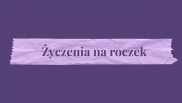Fioletowa taśma z napisem "Życzenia na roczek". Idealna do kartki z okazji pierwszych urodzin.
