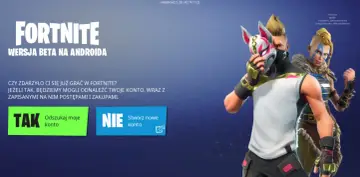 Fortnite na telefon: wersja beta na Androida. Postacie z gry stoją obok przycisków "Tak" i "Nie".