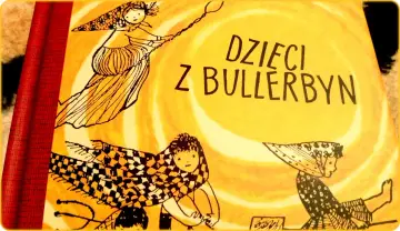 Okładka książki "Dzieci z Bullerbyn" z rysunkami dzieci w słonecznym otoczeniu.