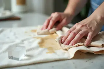 Ręce delikatnie usuwają plamę z żywicy z jasnego materiału za pomocą ściereczki.