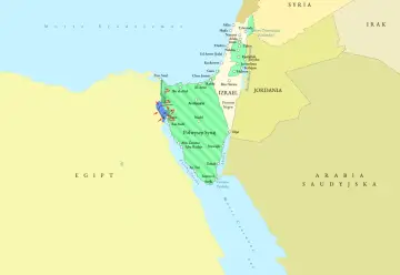 Mapa Półwyspu Synaj, Egiptu i Izraela. Izrael sąsiaduje z Egiptem i Jordanią. Zaznaczono miasta i Morze Śródziemne.