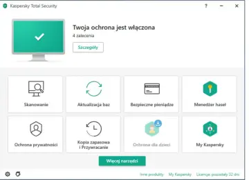 Interfejs Kaspersky Total Security. Widok główny z informacją "Twoja ochrona jest włączona" i opcjami: Skanowanie, Aktualizacja baz, Bezpieczne pieniądze, Menedżer haseł, Ochrona prywatności, Kopia zapasowa i Przywracanie, Ochrona dla dzieci, My Kasper...