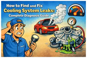 A distressed mechanic holds a flashlight, facing a steaming red car and a leaking coolant pump. The image illustrates how to find and fix cooling system leaks.