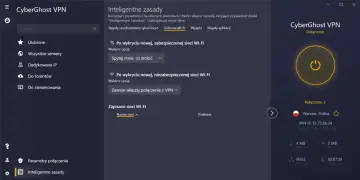 CyberGhost VPN połączony z Warszawą, Polska. Ustawienia "Inteligentnych zasad" dla ochrony Wi-Fi.
