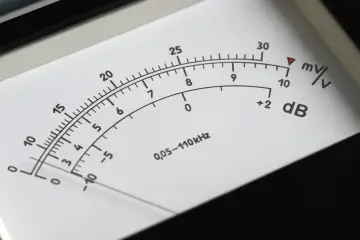 Wskaźnik mierzy poziom dźwięku w decybelach (dB). Igła wskazuje wartość około 10 dB.