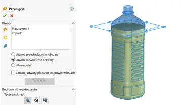 Model 3D butelki z zaznaczonym przekrojem. Narzędzie "Przecięcie" pozwala określić, jak obliczyć pojemność zbiornika, tworząc wewnętrzne obszary.