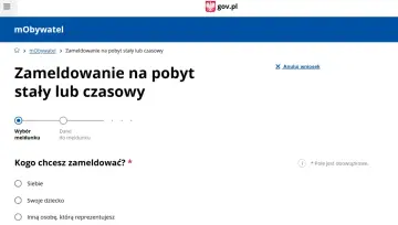 Zmiana zameldowania online na pobyt stały lub czasowy w aplikacji mObywatel. Wybór osoby do zameldowania: siebie, dziecko lub inną osobę.