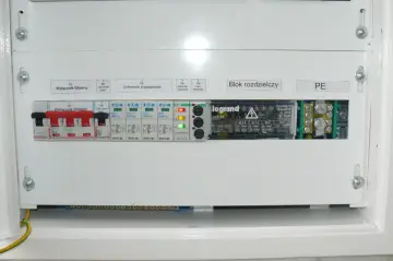 Panel elektryczny z wyłącznikiem głównym, ochronnikami przepięciowymi i blokiem rozdzielczym. Zabezpieczenie kontrolek faz zapewnia bezpieczeństwo instalacji.