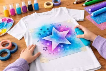 Dziecko tworzy wzór gwiazdy na koszulce, używając najlepszych farb do tkanin w sprayu.