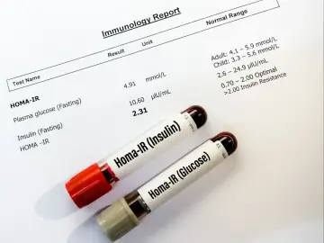 Wyniki badań HOMA-IR, wskazujące na insulinooporność. Dwie probówki z próbkami krwi.