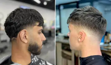 Zwei Männer mit stylischem taper cut. Der linke hat dunkles Haar und Bart, der rechte helleres Haar.