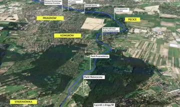 Widok z lotu ptaka na warszawski obszar chronionego krajobrazu, ukazujący Pruszków, Komorów, Pęcice, tereny zielone, zalew i trasy spacerowe.