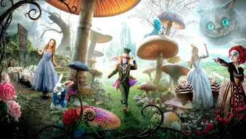 Alicja w Krainie Czarów obsada: szalony Kapelusznik, Biała Królowa, Czerwona Królowa, Biały Królik i Cheshire Cat w surrealistycznym świecie.