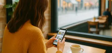Kobieta w żółtym swetrze przegląda zdjęcia na telefonie, korzystając z danych komórkowych. Obok filiżanka kawy.
