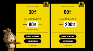 Pluszowy miś zachęca do wyboru oferty internetu 5G Ultra. Dwa plany: 30 zł za 60 GB lub 60 zł za 200 GB.