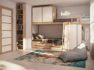 Letto a soppalco fai da te con armadio integrato, libreria e un accogliente sacco a pelo.
