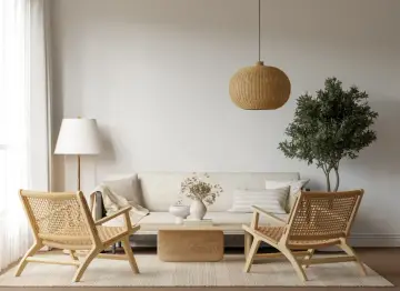 Jasne, oto propozycja:

Minimalistyczny salon z rattanowymi krzesłami i plecioną lampą. Różnica między stylem skandynawskim a japandi w dodatkach jest subtelna, ale widoczna w prostocie form.