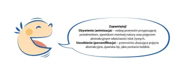 Uśmiechnięta buźka z chmurką tekstu wyjaśniającą ożywienie (animizacja) i uosobienie.