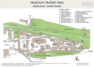 Mapa Hradčan, Zamku Praskiego z zaznaczonymi trasami zwiedzania i obiektami, pomocna przy planowaniu zakupu biletów.