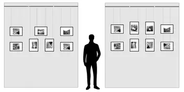 Ilustración de cómo colgar un cuadro, mostrando diferentes alturas y distribuciones para una exposición.
