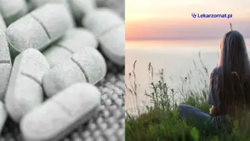 Tabletki Hydroxyzinum i kobieta medytująca o zachodzie słońca. Sprawdź hydroxyzinum cena na Lekarzomat.pl.