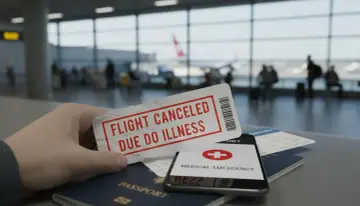 Dłoń trzyma bilet z napisem "FLIGHT CANCELED DUE TO ILLNESS". Obok paszport, telefon z powiadomieniem "MEDICAL EMERGENCY" i inne bilety. Czy można zwrócić bilet lotniczy w takiej sytuacji?