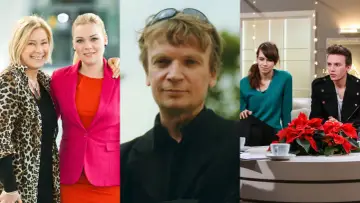Trzy panele: dwie kobiety, mężczyzna, dwoje młodych ludzi. Czy to grzegorz ciechowski dzieci?