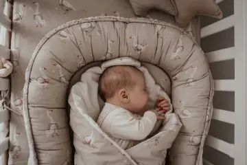 Śpiące dziecko w kokonie niemowlęcym z motywem gęsi. Czy warto zainwestować w taki kokon? Zapewnia poczucie bezpieczeństwa.