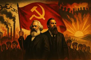 Karol Marks i Fryderyk Engels na tle czerwonej flagi z sierpem i młotem, symbolizującej komunizm. W tle przemysłowe fabryki i wschód słońca.