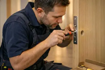 Un serrurier utilise un tournevis pour ajuster une serrure, une étape clé pour savoir comment mesurer un barillet de porte.