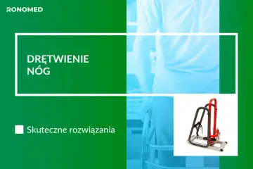 Zielona grafika z napisem "Drętwienie nóg" i zdjęciem urządzenia do rehabilitacji.