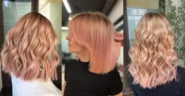 Trzy kobiety prezentują modne fryzury z subtelnymi odcieniami różowych włosów, od delikatnego różu po bardziej intensywne tony.
