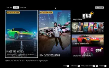 Menu GTA Online z ofertami GTA+. Sprawdź, czy Twój sprzęt spełnia gta 5 wymagania, by cieszyć się nowościami.