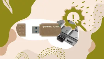Jak sformatować zabezpieczony pendrive? Grafika przedstawia pendrive Goodram 128 GB i klawiaturę, sugerując rozwiązanie problemu.