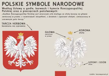Biały orzeł w koronie, symbol Polski, na czerwonej tarczy. Opis polskie symbole narodowe.