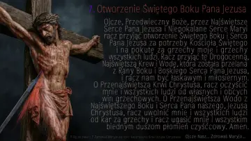 Ukazanie Jezusa na krzyżu, z otwartym bokiem, z którego tryska krew. Modlitwa do Najdroższej Krwi Pana Jezusa.