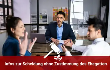 Streitendes Paar vor Anwalt. Kann man sich scheiden lassen wenn der Partner nicht will? Hier Infos zur Scheidung ohne Zustimmung des Ehegatten.