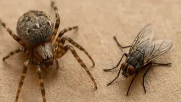 Eine Spinne und eine Fliege auf braunem Untergrund. Viele Leute denken, dass spinnen insekten sind, aber das stimmt nicht.