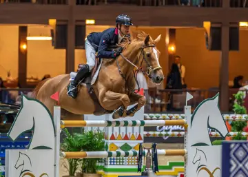 Cavalier et cheval en plein saut d'obstacles, une scène digne de dubai du cedre.