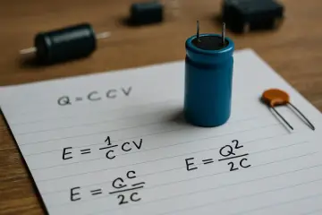 Formuły opisujące wzór na pojemność kondensatora i jego energię. Obok leżą różne kondensatory.