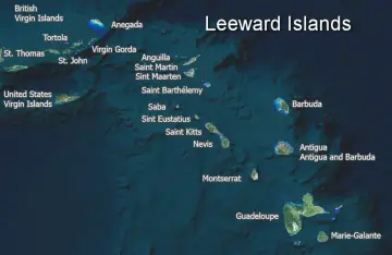 Wielkie Antyle widziane z kosmosu. Mapa ukazuje archipelag Wysp Nawietrznych, w tym Brytyjskie i Amerykańskie Wyspy Dziewicze, Anguillę, Saint Martin, Saint Barthélemy, Saba, Sint Eustatius, Saint Kitts, Nevis, Montserrat, Antiguę i Barbudę, Gwadelupę ...