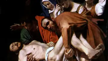 Dramatyczne złożenie do grobu, mistrzowskie dzieło Caravaggia. Ciało Chrystusa niesione przez mężczyzn, kobiety w żałobie.